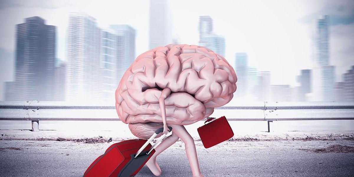 A graphic image of a brain with arms and legs walking out of a city pulling a suitcase.
