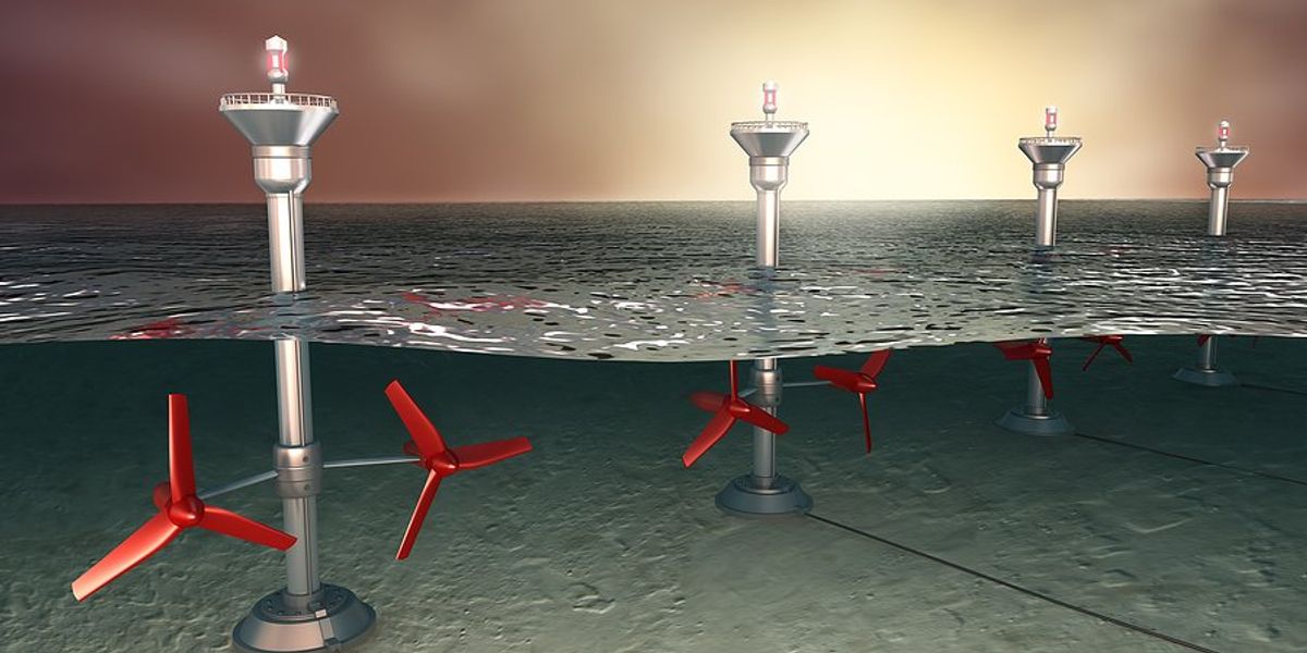 Una imagen gráfica de turbinas de marea que crean energía a partir de las olas.