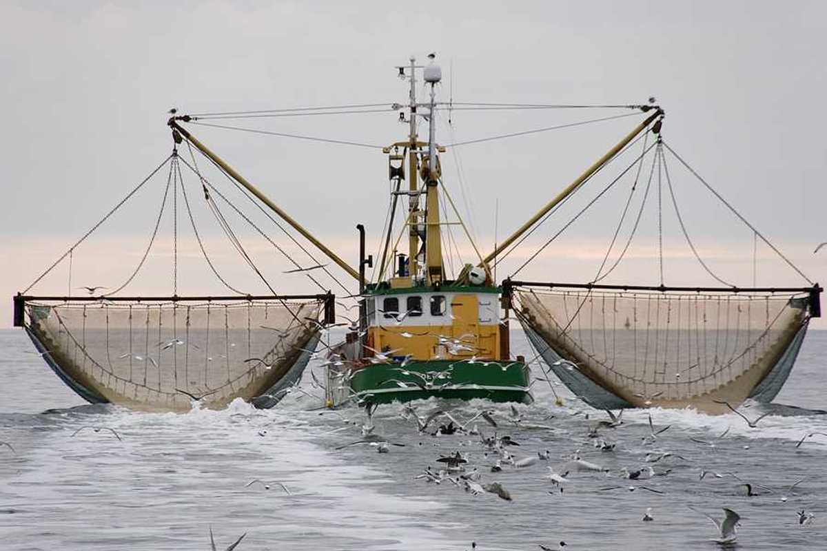 A green and yellow commercial trawler with two nets.