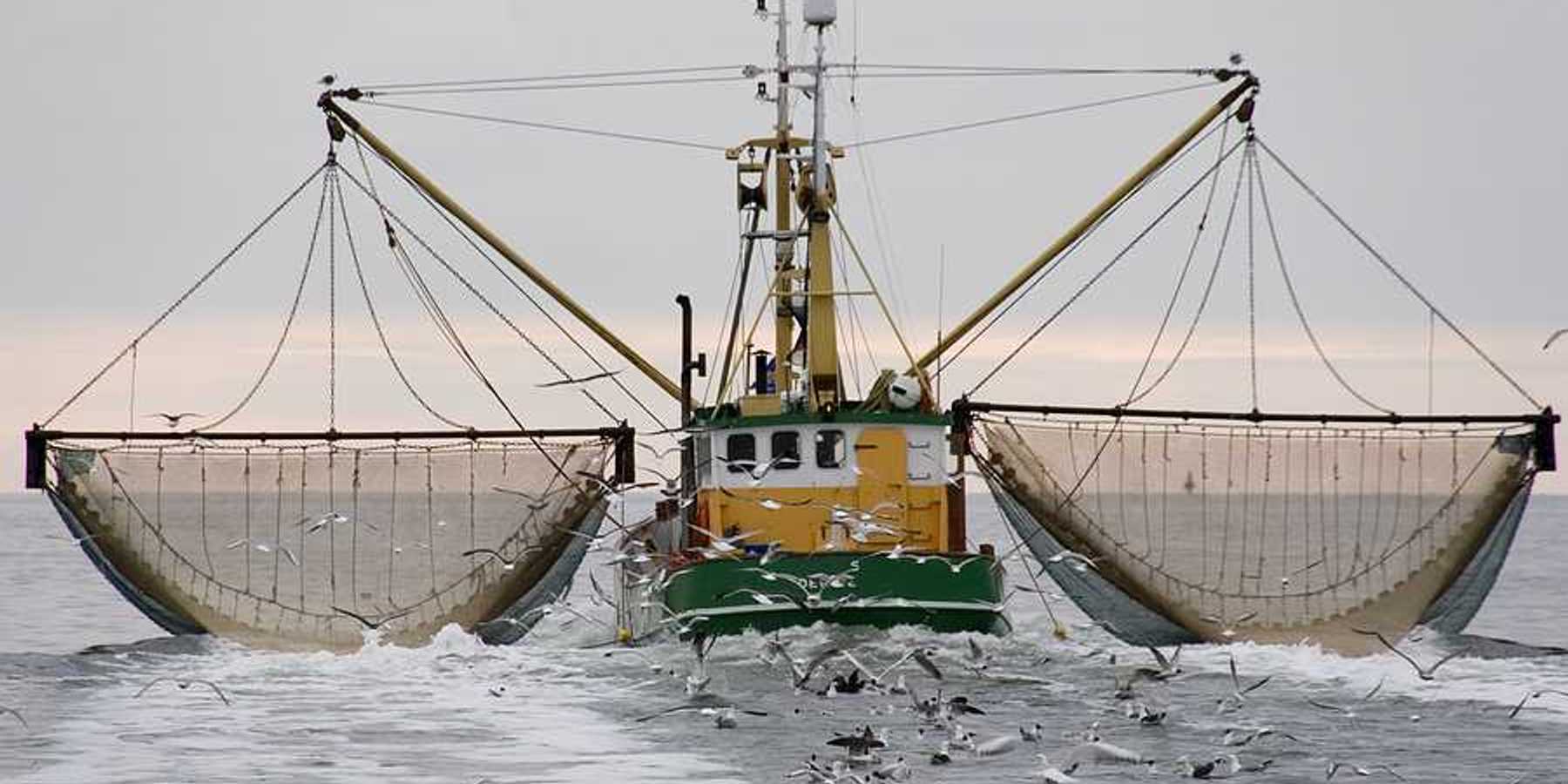 A green and yellow commercial trawler with two nets.