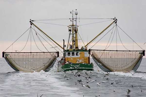 A green and yellow commercial trawler with two nets.