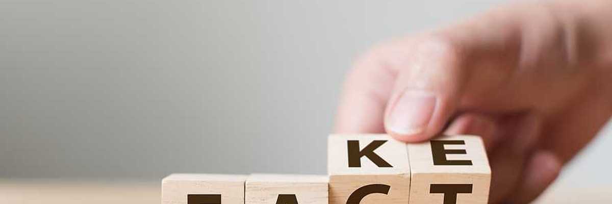 A group of four wooden cubes with letters spelling FACT and FAKE