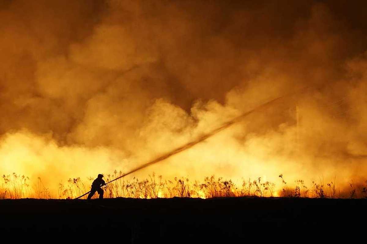 A lone firefighter training a stream of water on a huge wildfire