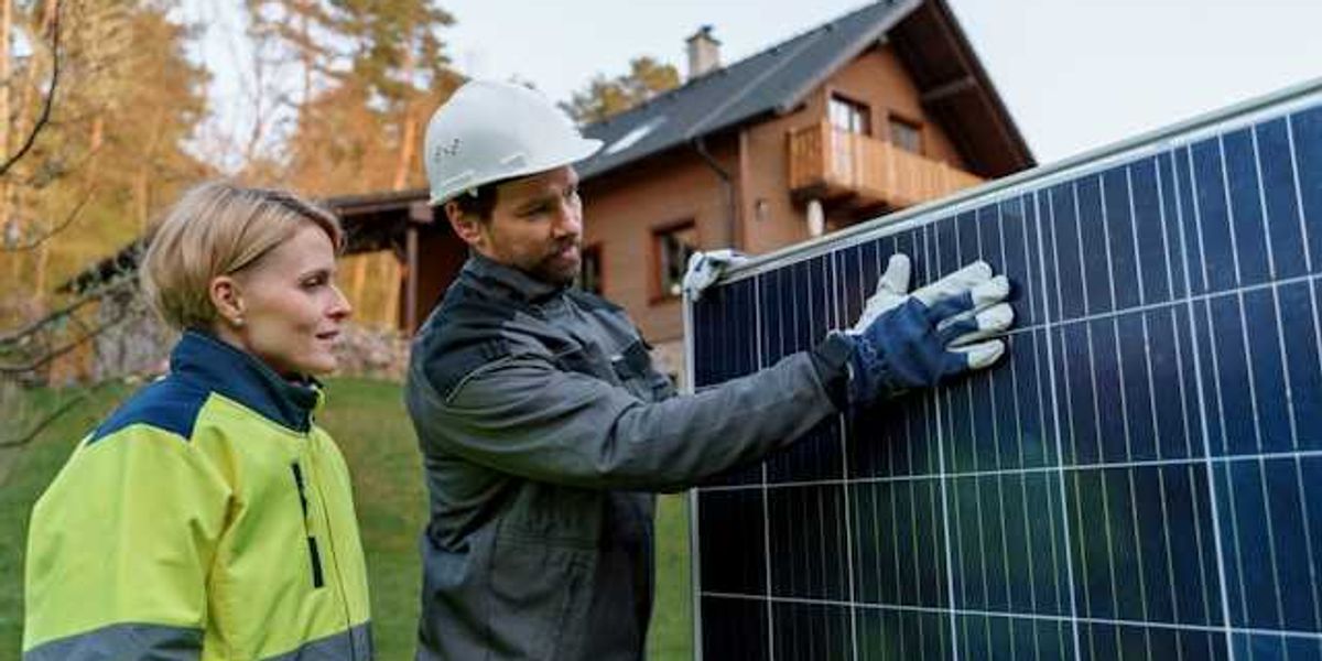 A man and woman inspecting a solar panel
