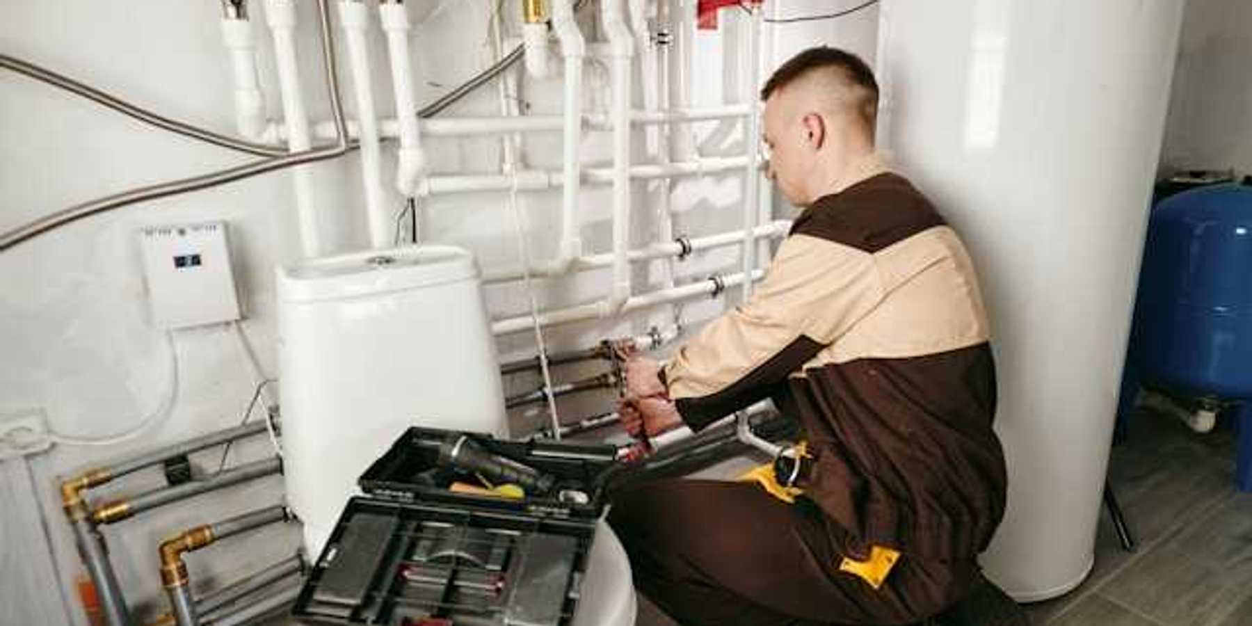 A man in a brown uniform with a tool box working on a heating system