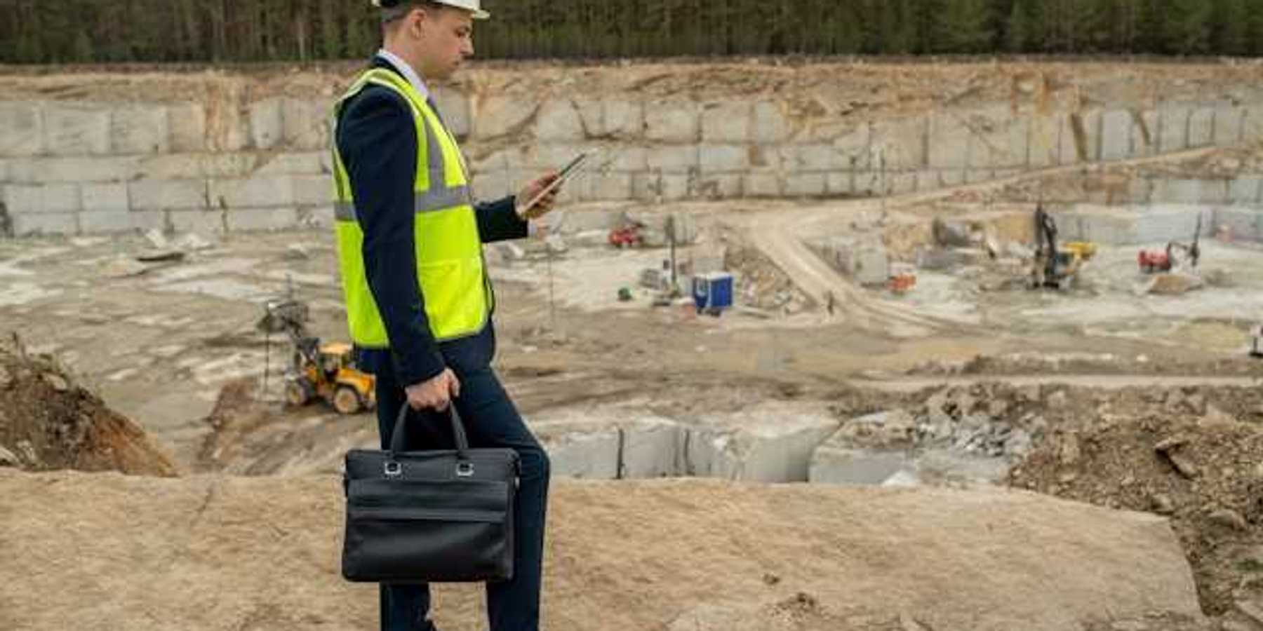 A man in a suit wearing a hard hat and a yellow vest at the edge of a pit