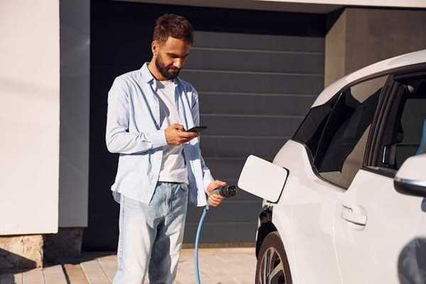 A man plugging in his electric vehicle outside his house