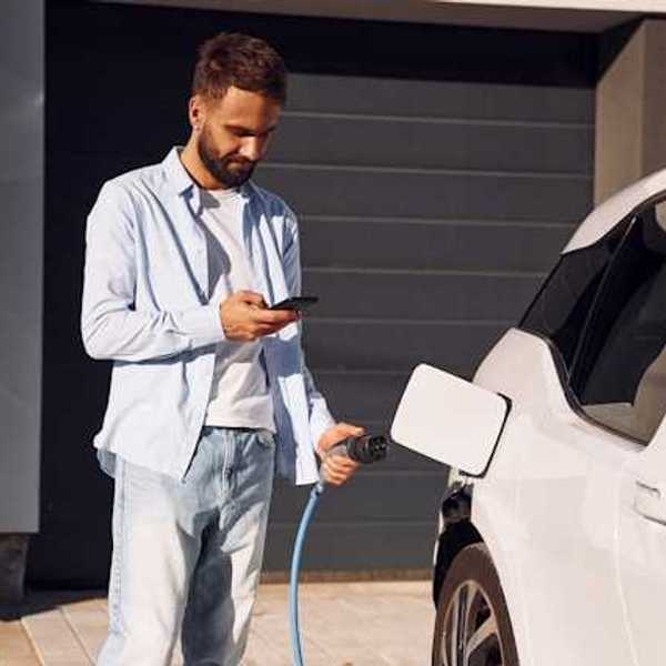 A man plugging in his electric vehicle outside his house