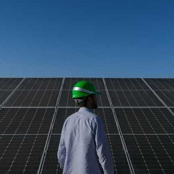 A man wearing a hard hat standing in front of solar panels