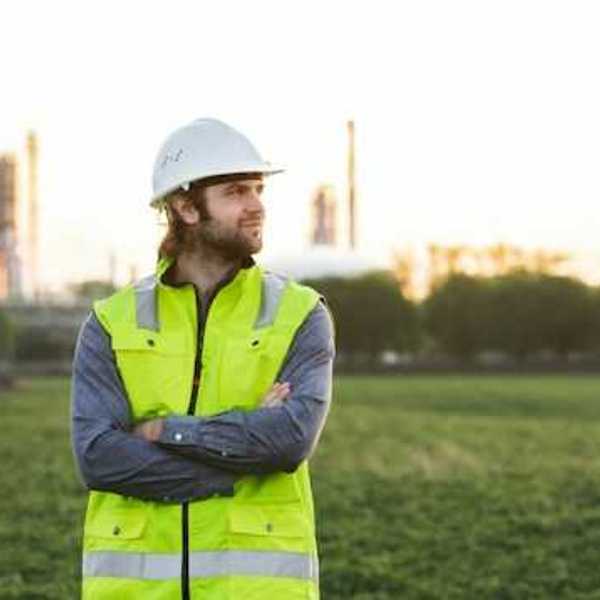A man with a hard hat and neon vest on, posing in front of an oil refinery