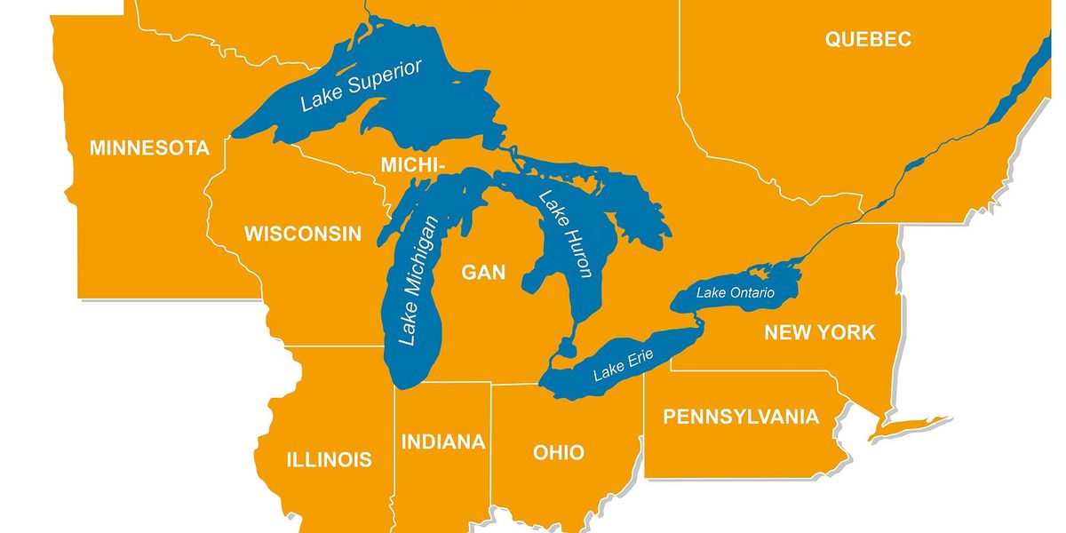 A map of the Great Lakes and surrounding U.S. states and Canadian provinces.