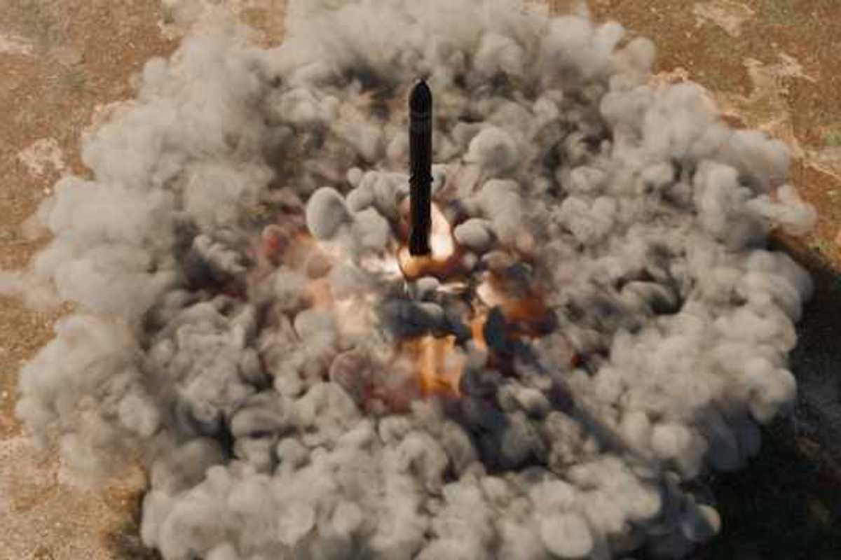 A missile being launched in the desert