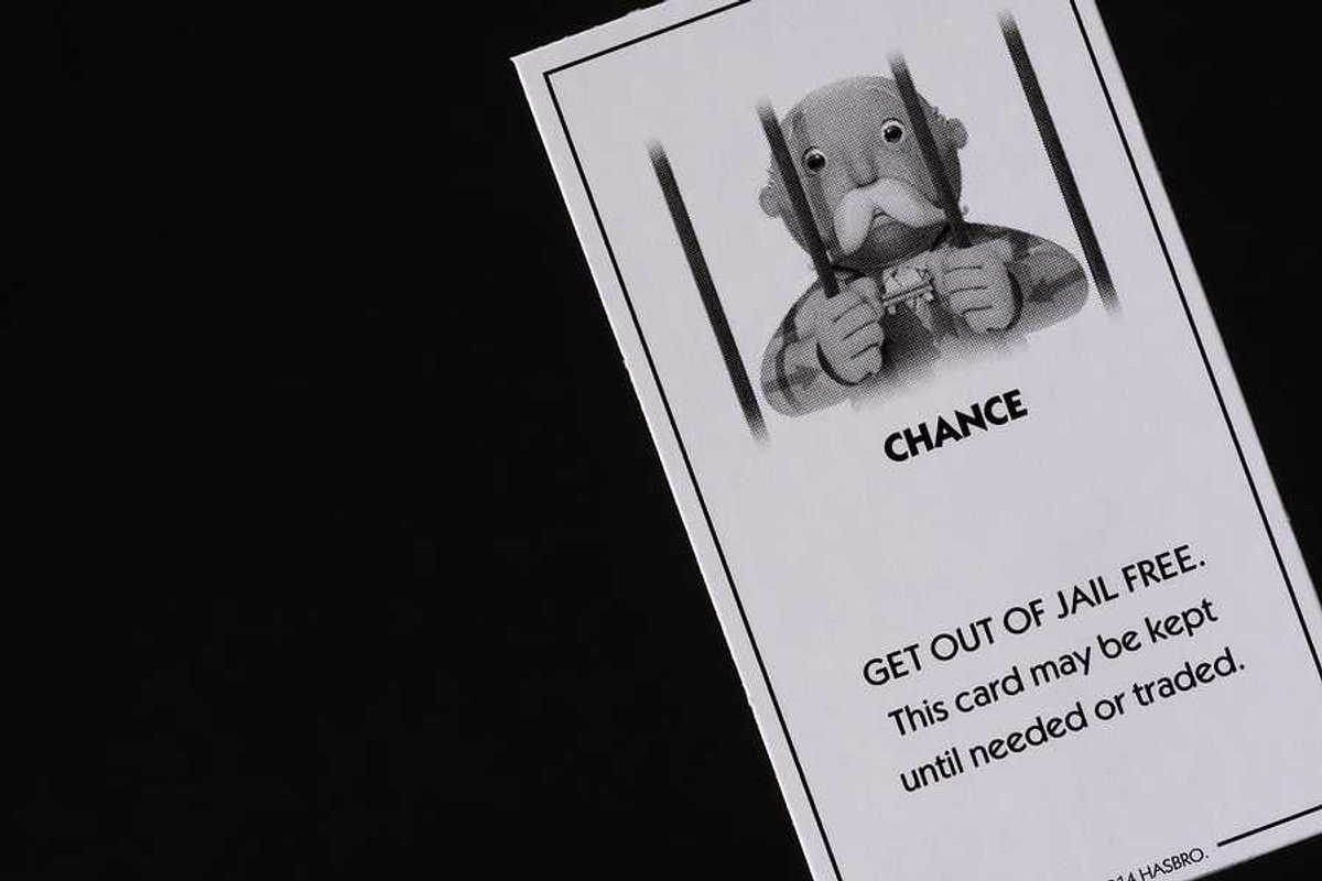 A Monopoly card that says CHANCE and Get out of jail free