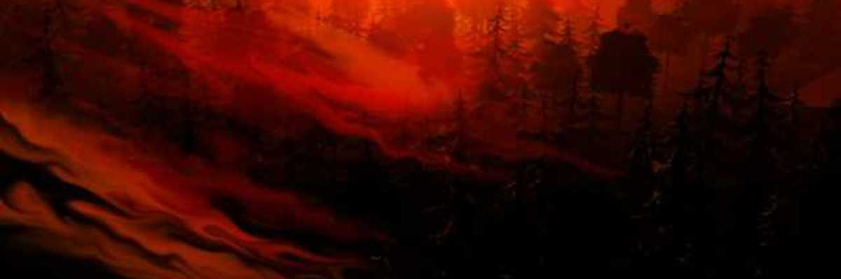 A painting of a wildfire in the forest