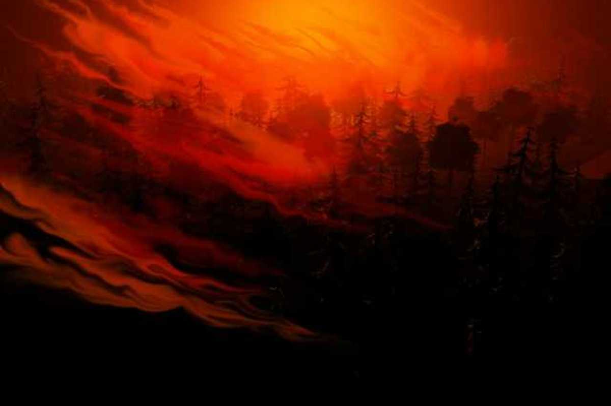 A painting of a wildfire in the forest