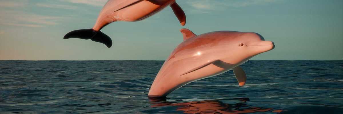 A pair of dolphins leaping out of the water