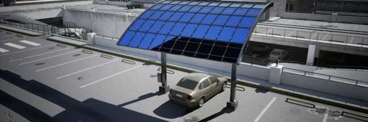A parking lot with a solar panel serving as a canopy for a car