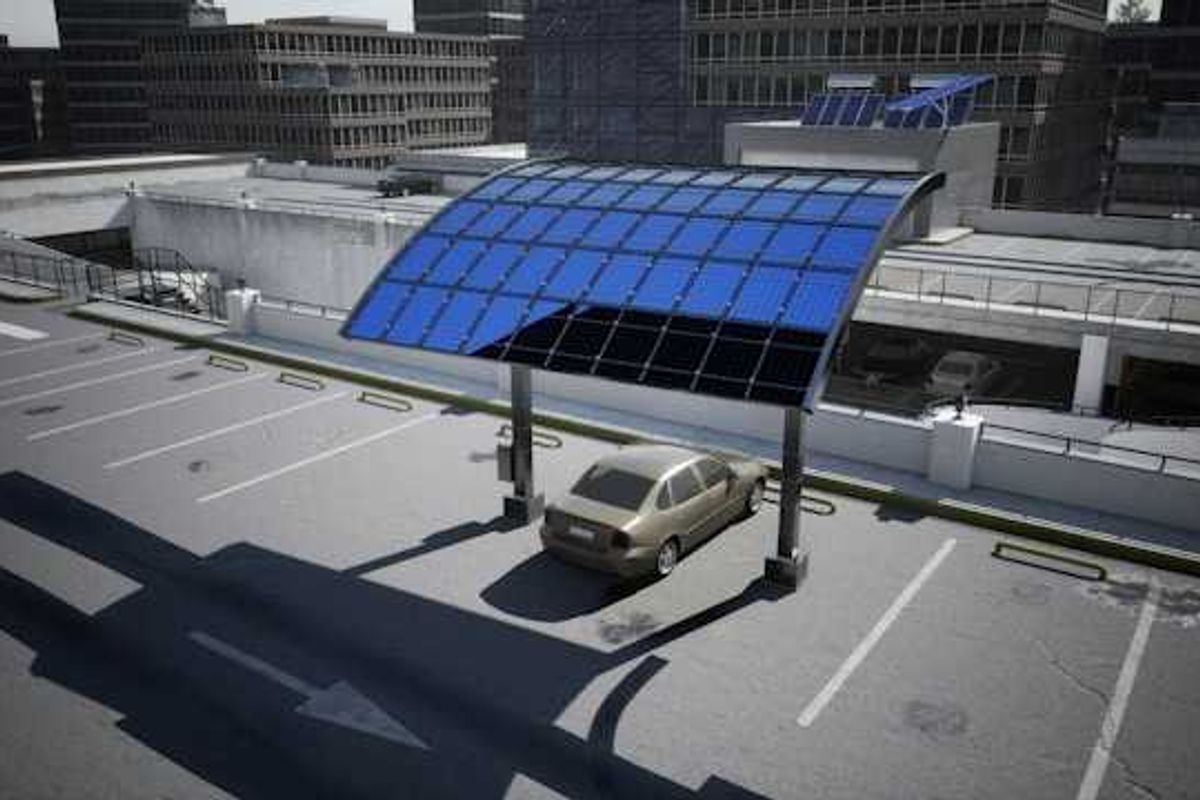 A parking lot with a solar panel serving as a canopy for a car