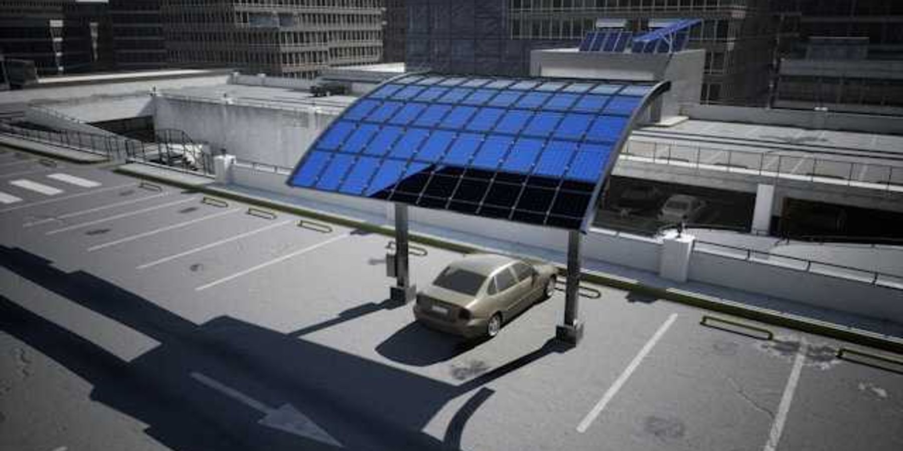 A parking lot with a solar panel serving as a canopy for a car