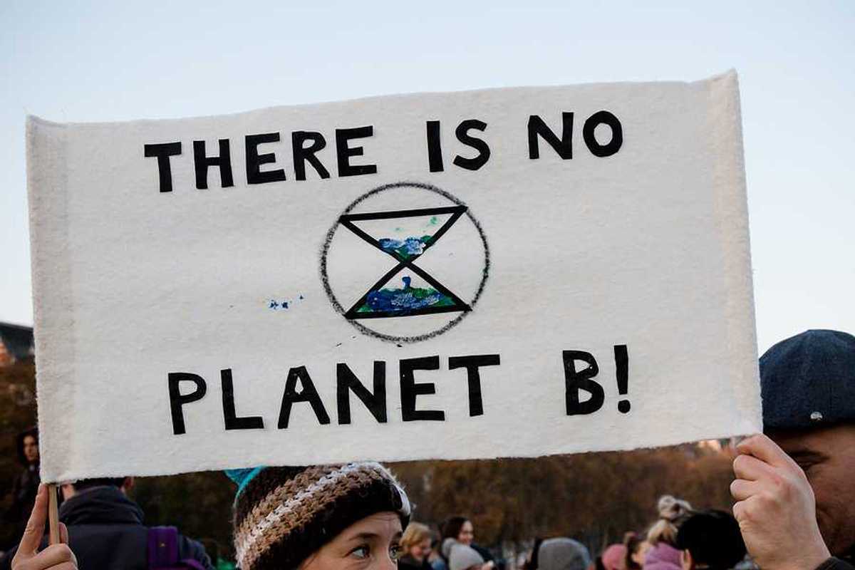 A person holding a sign at a protest saying There is no planet b!
