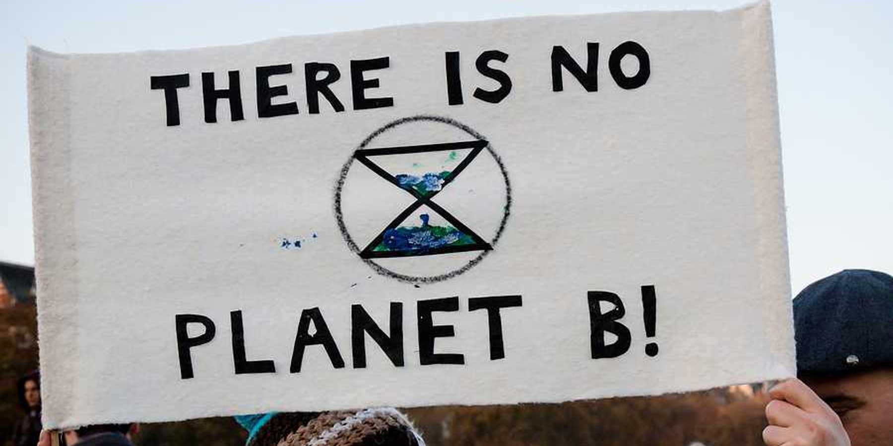 A person holding a sign at a protest saying There is no planet b!