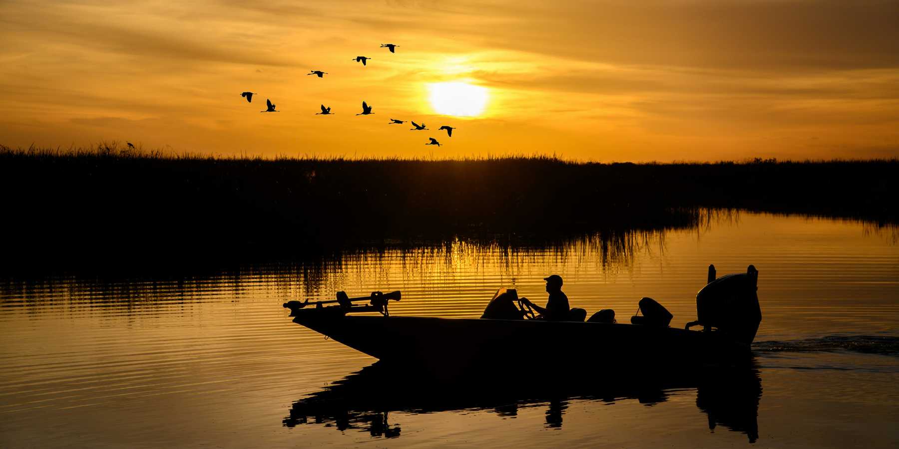 a person in a boat in the water at sunset with birds flying overhead.