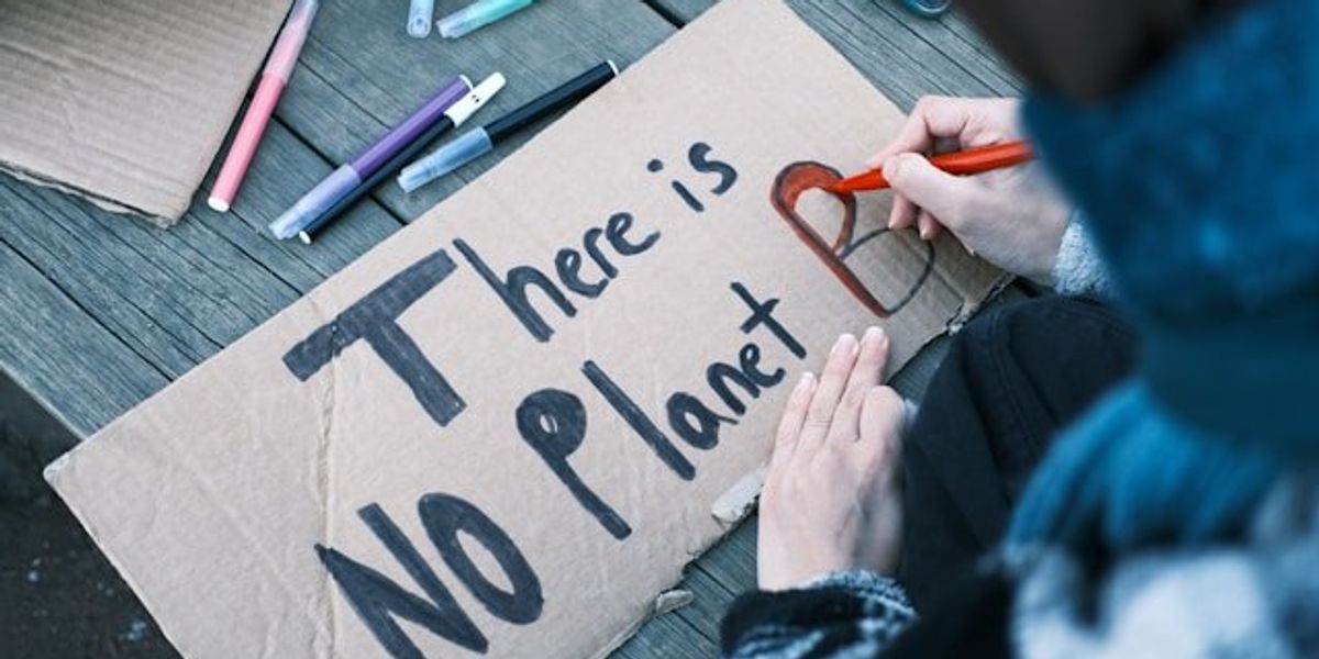 A person making a protest sign that says There is No Planet B.