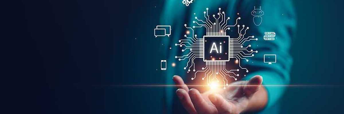 A person with their hand outreached with an AI illustration hovering over it