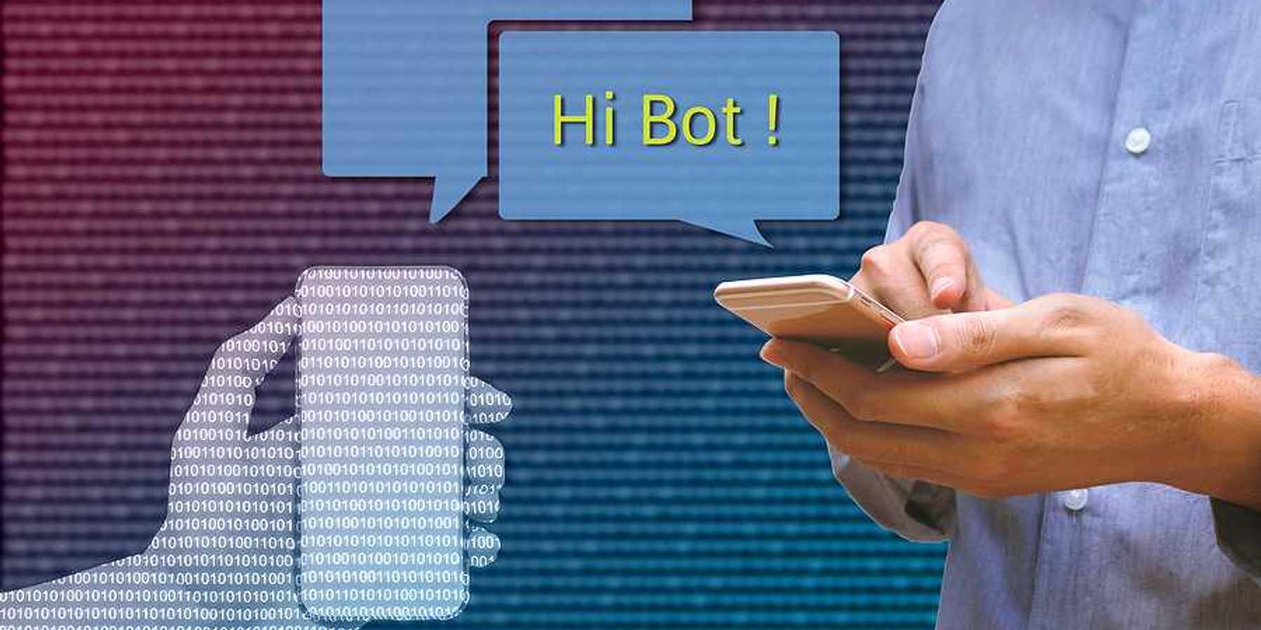A photo of a person texting on his phone with an image of comment bubbles with the words 'Hi Bot!'