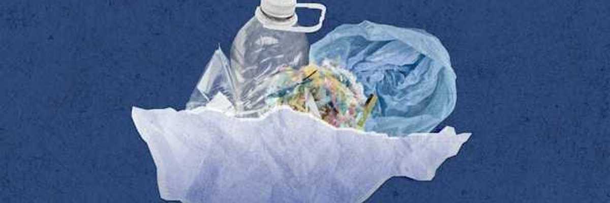 A pile of plastic trash on a blue background