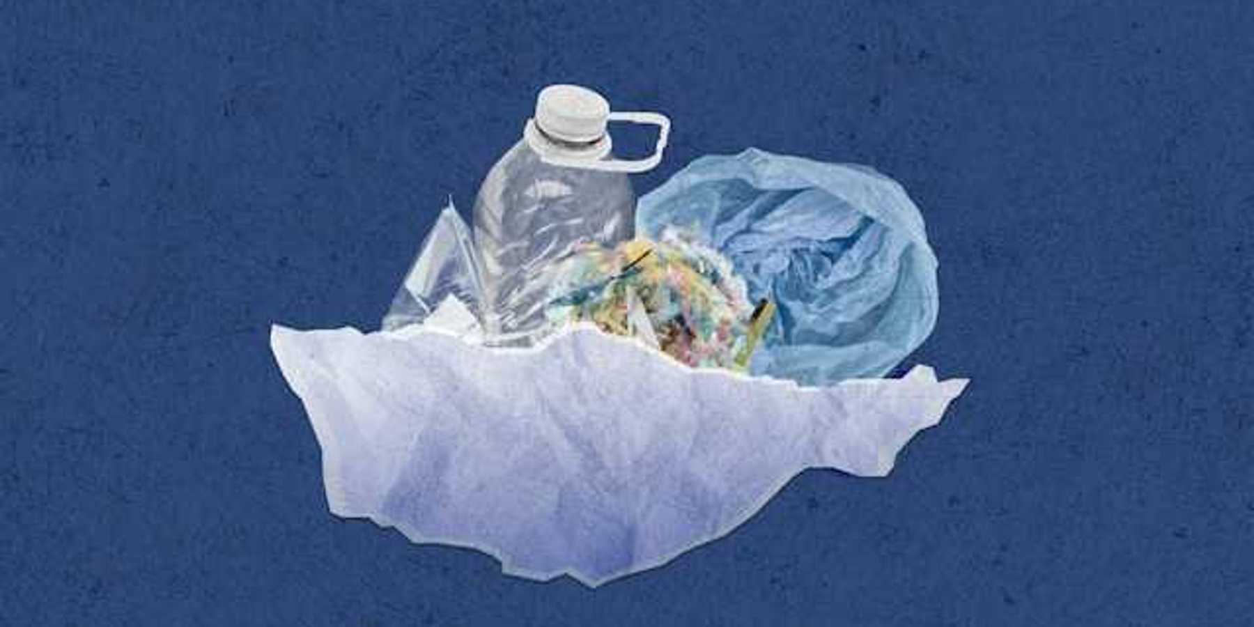 A pile of plastic trash on a blue background