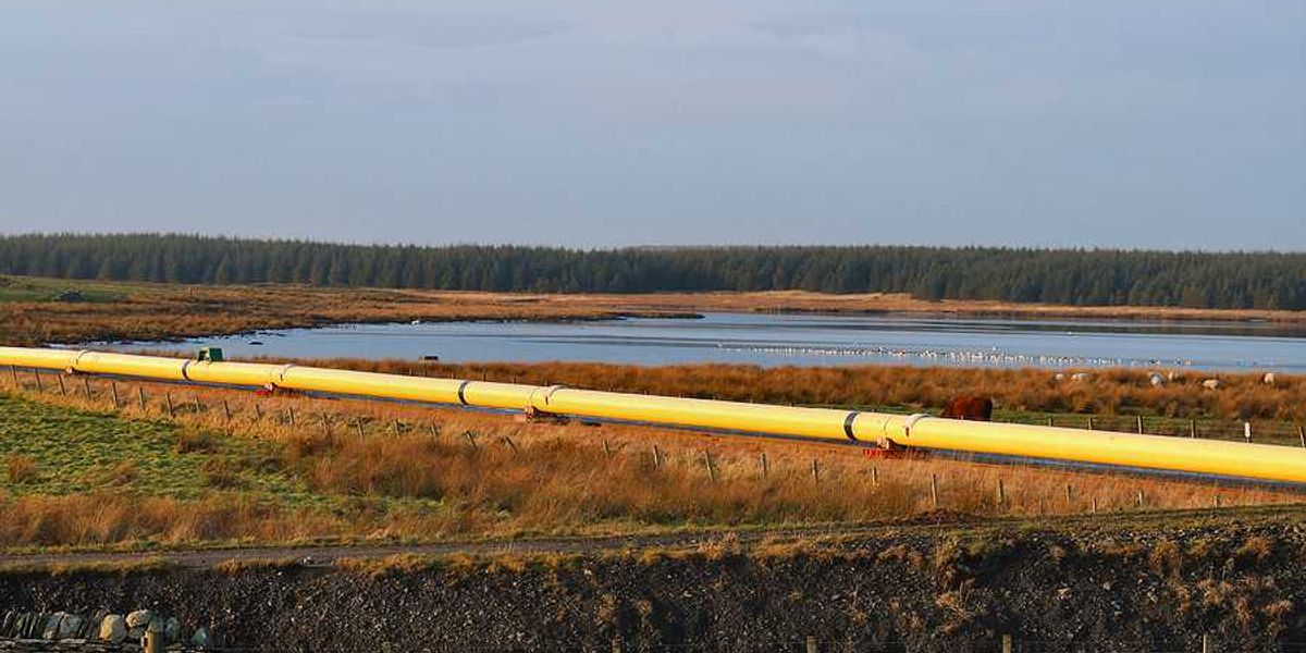 A pipeline stretching across a wetlands area with a lake in the background