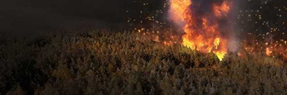 A rendering of a coniferous forest at night with a wildfire happening in the distance