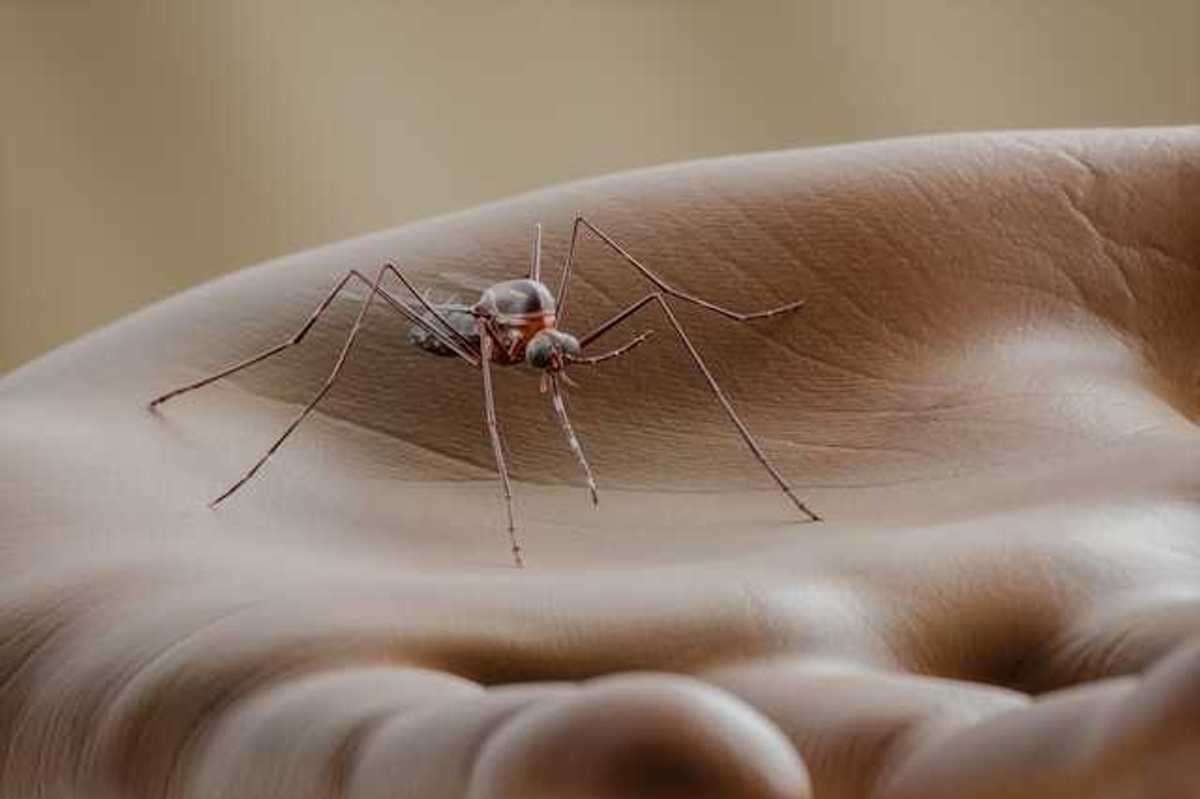 A rendering of a large mosquito in the palm of a human hand