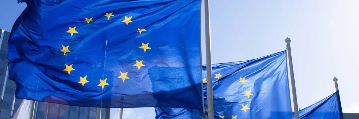 A row of blue EU flags with yellow stars in a circle, against the sky.