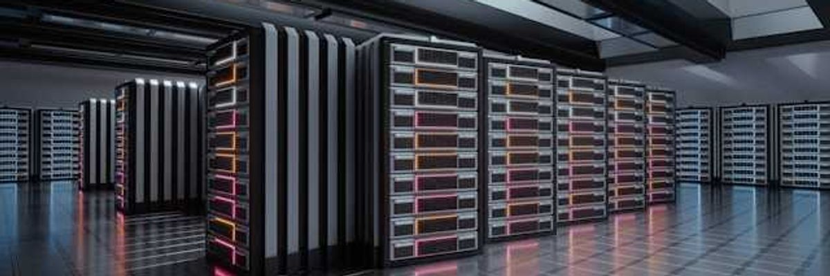 A row of data towers inside a data center