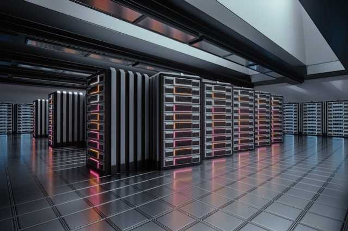 A row of data towers inside a data center
