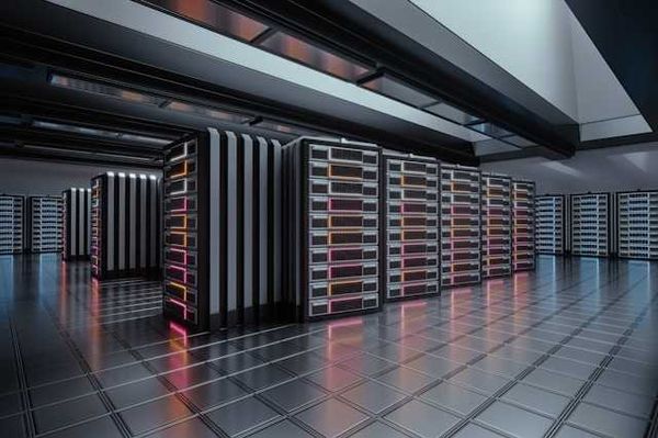 A row of data towers inside a data center