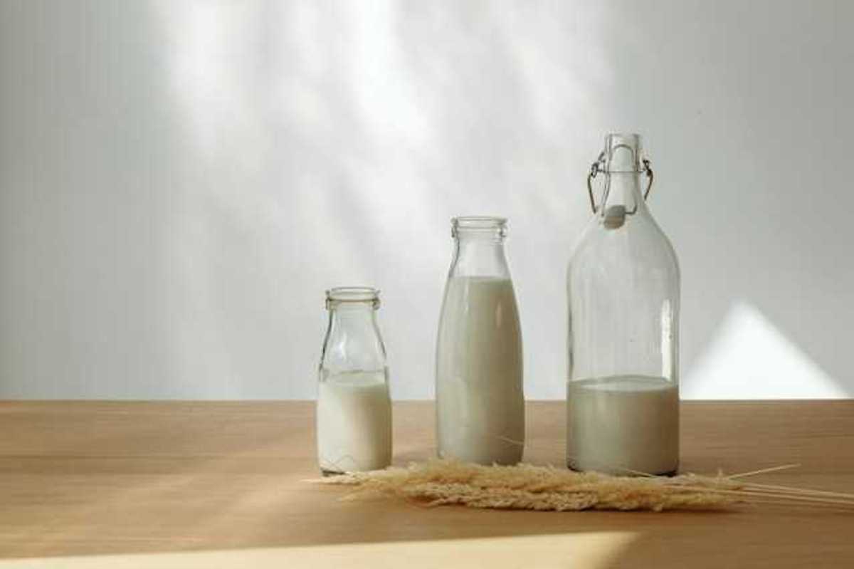 A row of glass jars with milk in them, with a sheaf of wheat in front of them