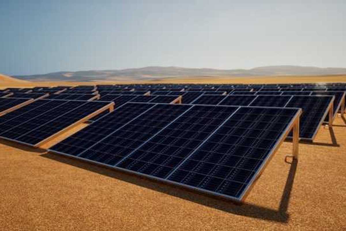 A row of solar panels in a desert environment