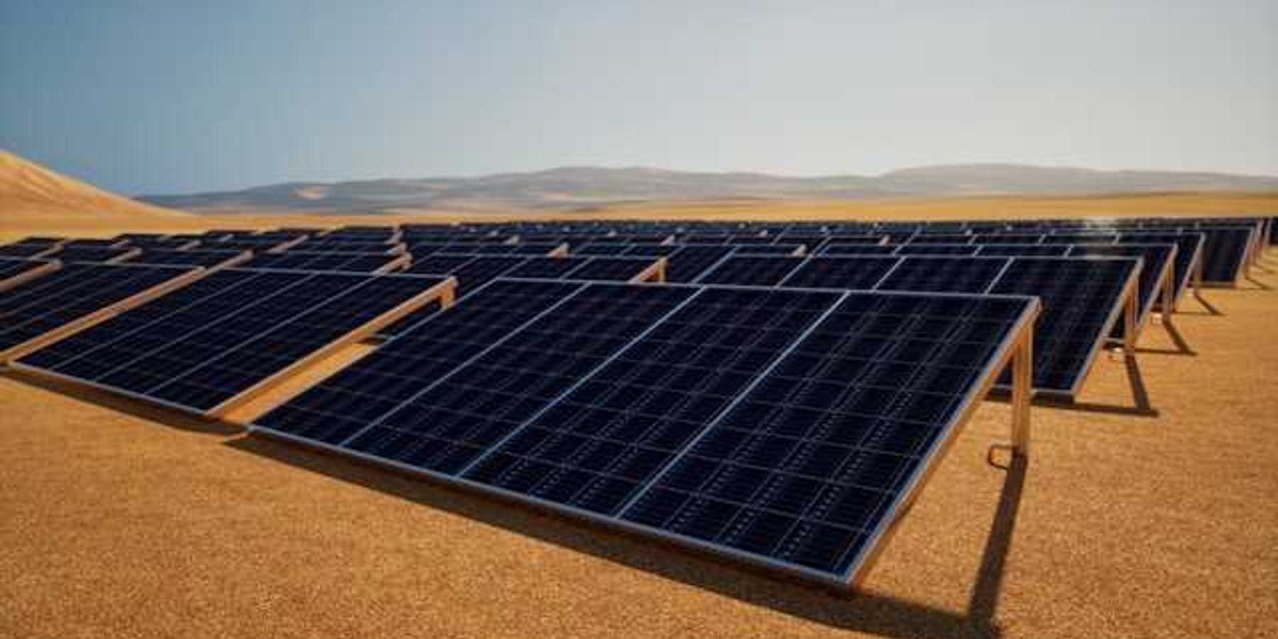 A row of solar panels in a desert environment