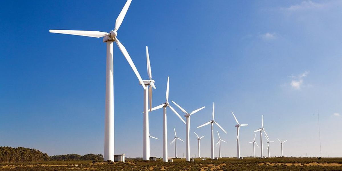 A row of wind turbines in a field on a sunny day.
