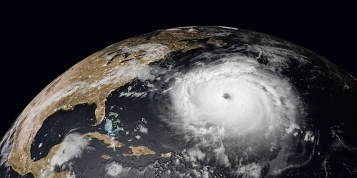A satellite image of a hurricane approaching the east coast of the United States