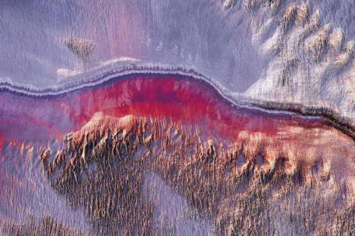 A satellite image of a snowy landscape