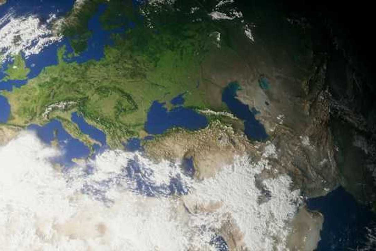 A satellite view of the Mediterranean and Northern Africa including the Caspian Sea to the east of the Black Sea