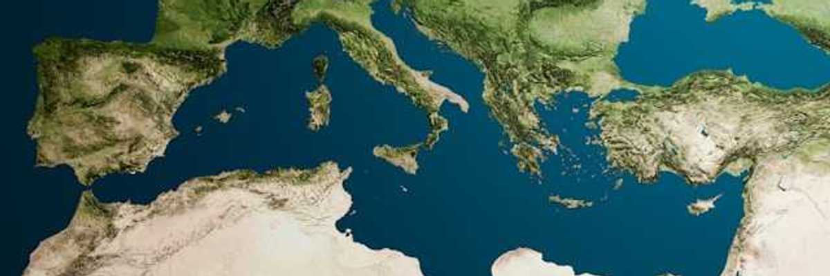 A satellite view of the Mediterranean sea showing north Africa and Europe