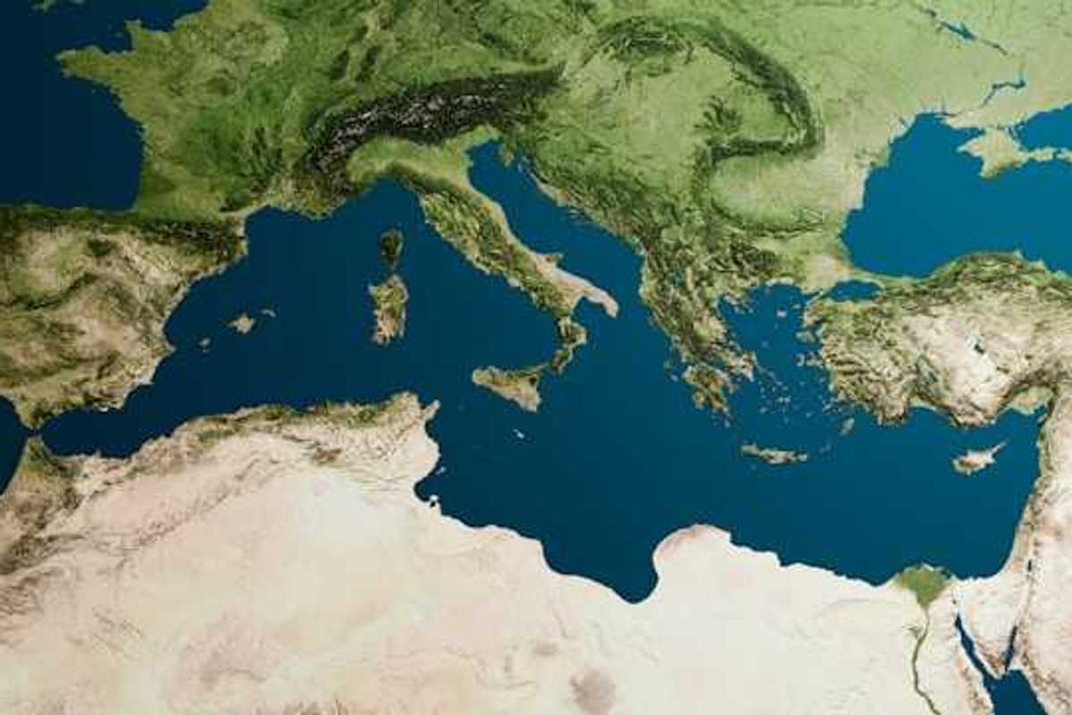 A satellite view of the Mediterranean sea showing north Africa and Europe