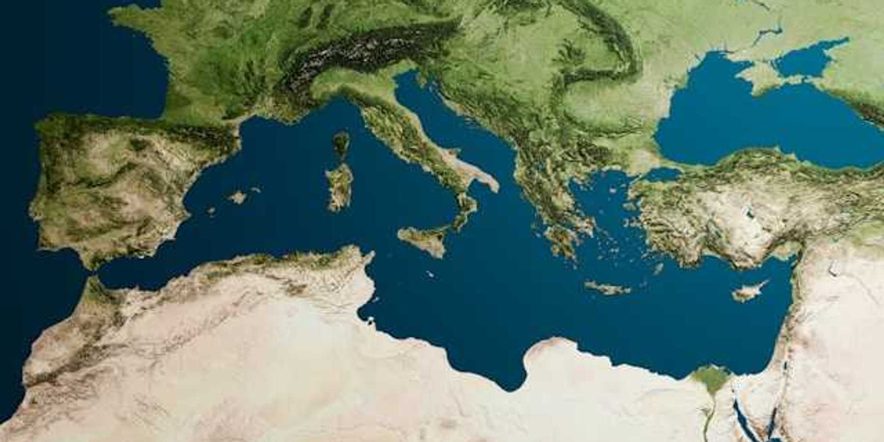 A satellite view of the Mediterranean sea showing north Africa and Europe