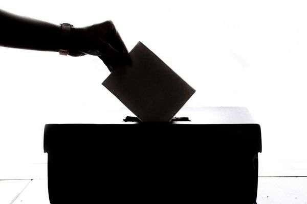 A silhouette of a person casting a vote into a box