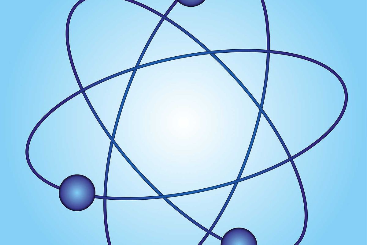 A simple model of an atom on a blue background
